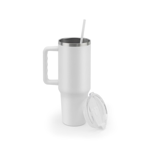 white JOYNER XL. Vaso de viaje grande de acero inoxidable (91 % reciclado) con aislamiento al vacío de doble pared y acabado mate de 1300 ml