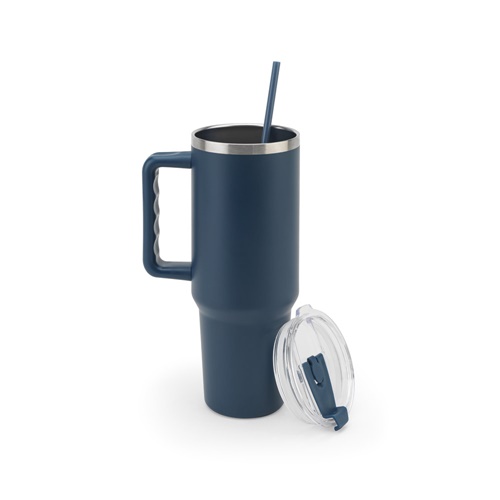 azul marino JOYNER XL. Vaso de viaje grande de acero inoxidable (91 % reciclado) con aislamiento al vacío de doble pared y acabado mate de 1300 ml