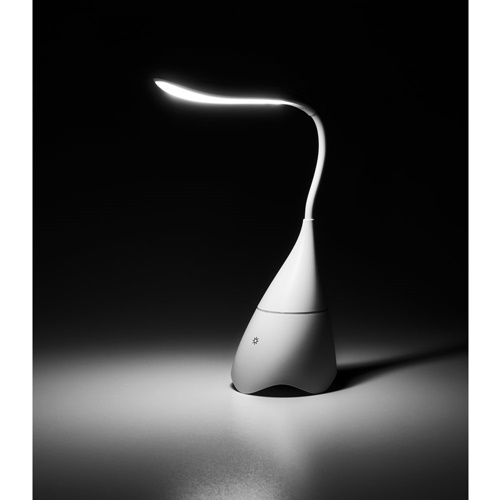 white GRAHAME. Lámpara de escritorio portátil con altavoz y 5h de autonomía, fabricada en ABS reciclado (100% rABS)