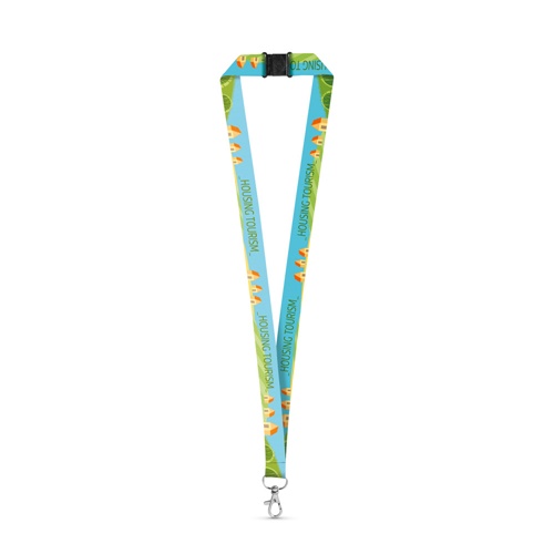DOVER. SET Lanyard SUBLIMACIÓN Largo II (20 mm) en poliéster reciclado (100% rPET) con mosquetón de gatillo de 20 mm y cierre de seguridad