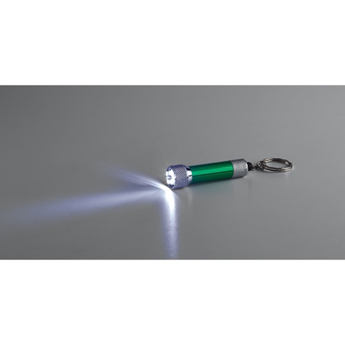 green RE-LERGAN. Llavero de aluminio (92% reciclado) con linterna LED de 3 posiciones