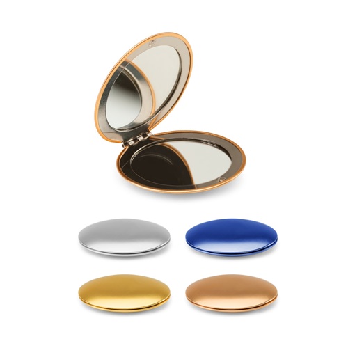 KAYLA. ESPEJO REDONDO DE ALUMINIO DE DOBLE CARA CON CIERRE MAGNÉTICO