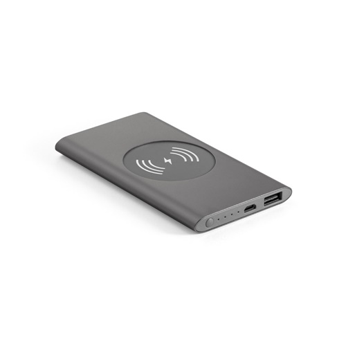 gris oscuro CASSINI. Power bank 4'000 mAh con cargador inalámbrico de 5W, fabricado en aluminio reciclado (100% rAL)
