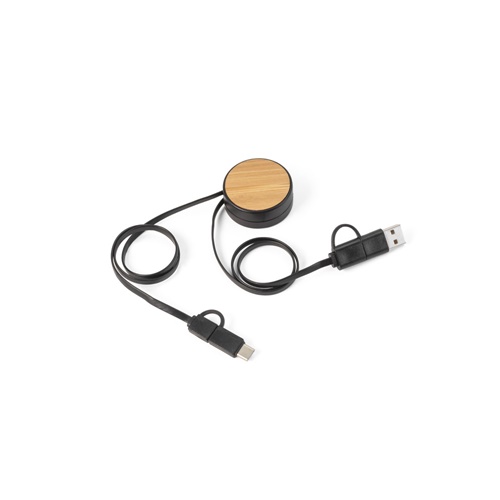 RUBINS. Cable USB retráctil 6 en 1 en ABS reciclado (100% rABS) y bambú