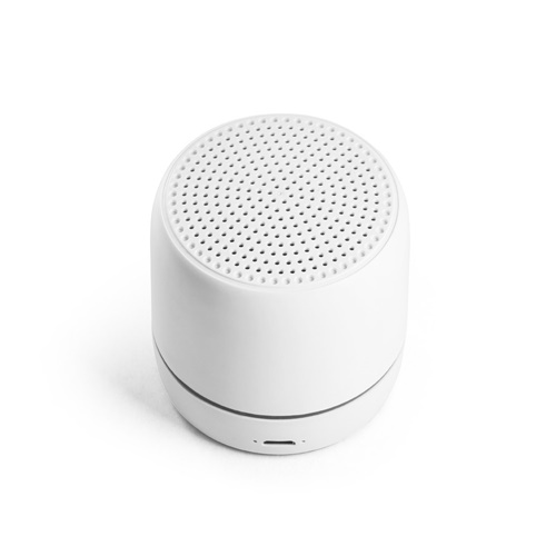 white TURING. Altavoz portátil de 3W con 4 horas de autonomía, fabricado en ABS reciclado (100% rABS)