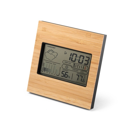 BROMLEY. Estación meteorológica de sobremesa con pantalla LCD en ABS y bambú