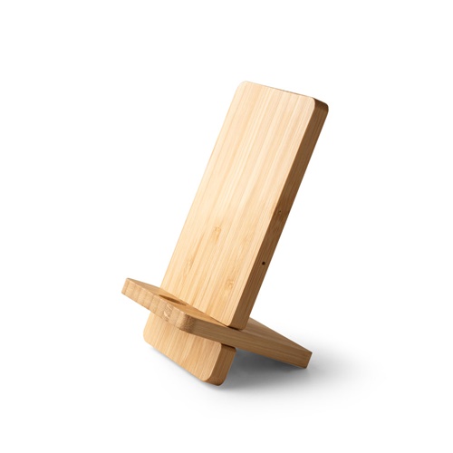natural LANGE. Soporte para smartphone con cargador inalámbrico, rápido, de 15 W en bambú