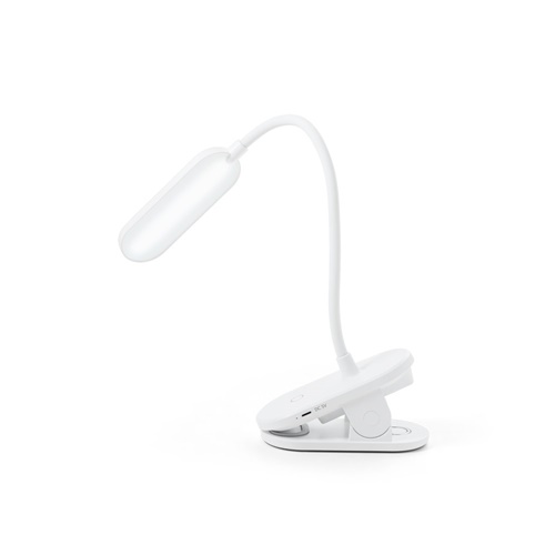white NESBIT II. Lámpara de escritorio portátil con clip y 30h de autonomía, fabricados al 65% rABS