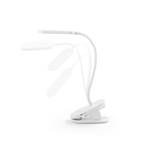 white NESBIT II. Lámpara de escritorio portátil con clip y 30h de autonomía, fabricados al 65% rABS