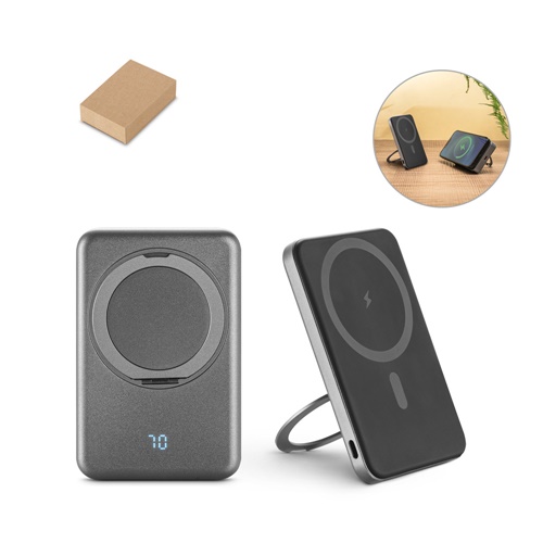 WARSHEL 5. BATERÍA EXTERNA MAGNÉTICA DE 5000 MAH CON CARGADOR INALÁMBRICO ULTRARRÁPIDO DE 15 W EN ABS RECICLADO (100 % RABS) Y SOPORTE