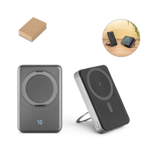 WARSHEL 10. BATERÍA EXTERNA MAGNÉTICA DE 10 000 MAH CON CARGADOR INALÁMBRICO ULTRARRÁPIDO DE 15 W EN ABS RECICLADO (100 % RABS) Y SOPORTE