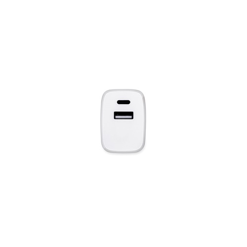 white WEGENER. Adaptador de corriente con puerto USB-A de 18 W y USB-C de 20 W en ABS reciclado (100% rABS)
