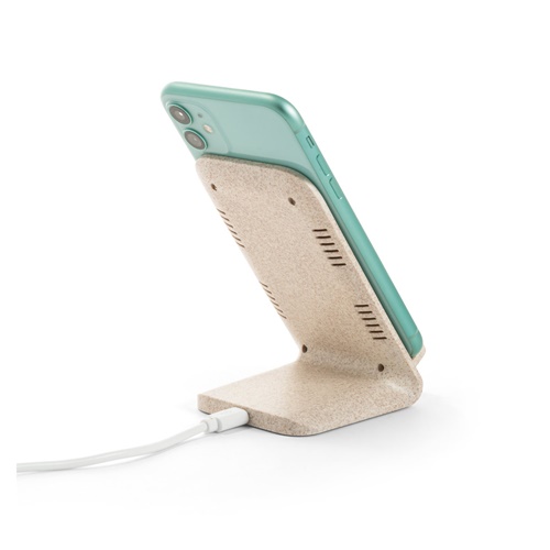 natural ENGLERT. Soporte para smartphone con cargador inalámbrico, rápido, de 10 W en ABS reciclado (100% rABS) y fibra de paja de trigo