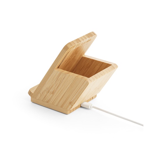 natural LEAVITT. Soporte para smartphone y porta bolígrafo con cargador inalámbrico rápido de 10 W en bambú