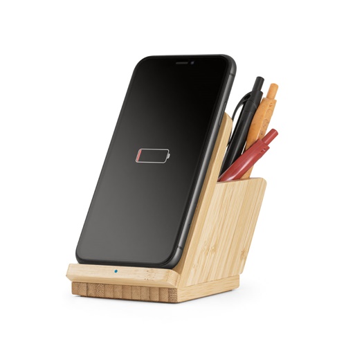 natural LEAVITT. Soporte para smartphone y porta bolígrafo con cargador inalámbrico rápido de 10 W en bambú