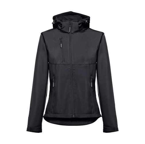 black THC ZAGREB WOMEN. Chaqueta softshell para mujer, con capucha removible