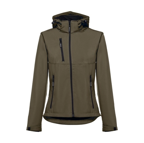 verde militar THC ZAGREB WOMEN. Chaqueta softshell para mujer, con capucha removible