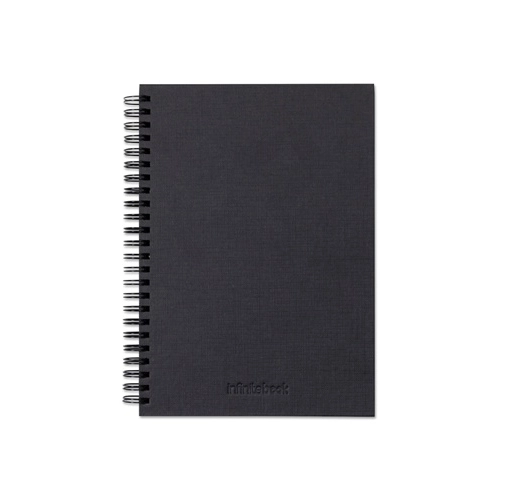 black STARTER KIT INFINITEBOOK A5 PLANNER TEXTURE. Kit compuesto por «Infinitebook» con tapa dura, 1 kit de limpieza, 1 rotulador y 1 soporte para bolígrafo