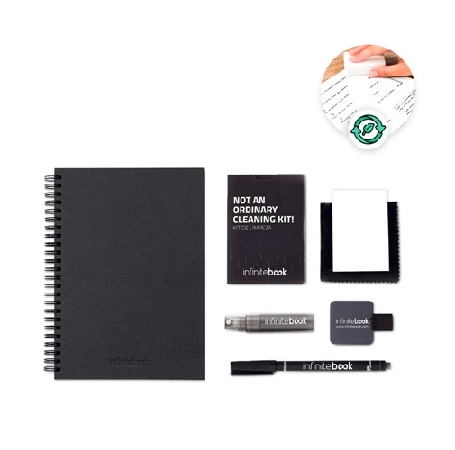 STARTER KIT INFINITEBOOK A5 PLANNER TEXTURE. KIT COMPUESTO POR «INFINITEBOOK» CON TAPA DURA, 1 KIT DE LIMPIEZA, 1 ROTULADOR Y 1 SOPORTE PARA BOLÍGRAFO