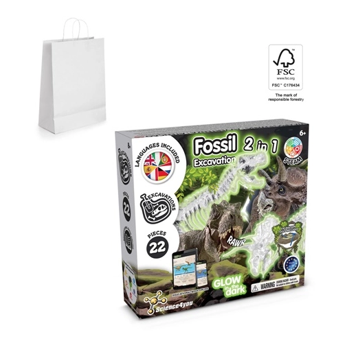 2 in 1 Fossil Excavation Kit II. Juego educativo suministrado con una bolsa de regalo de papel kraft (90 g/m²), fabricado con material certificado FSC™ y otros materiales controlados