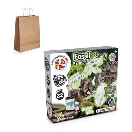 2 in 1 Fossil Excavation Kit III. Juego educativo suministrado con una bolsa de regalo de papel kraft (115 g/m²)