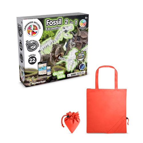 red 2 in 1 Fossil Excavation Kit V. Juego educativo suministrado con una bolsa de regalo plegable de 190T