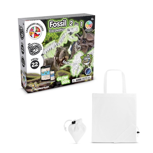 white 2 in 1 Fossil Excavation Kit V. Juego educativo suministrado con una bolsa de regalo plegable de 190T