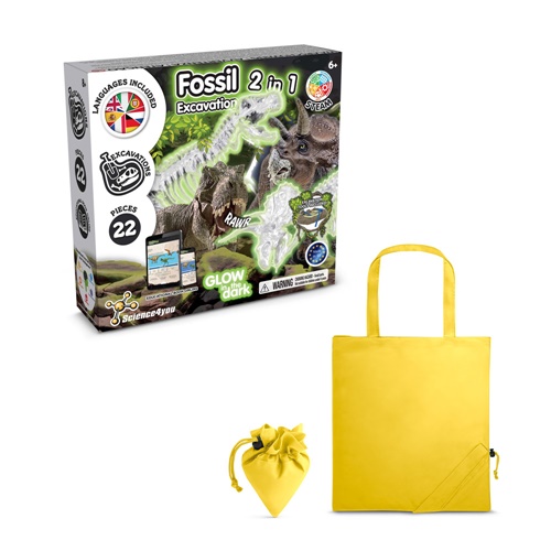 yellow 2 in 1 Fossil Excavation Kit V. Juego educativo suministrado con una bolsa de regalo plegable de 190T