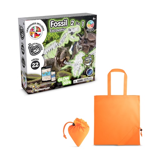 orange 2 in 1 Fossil Excavation Kit V. Juego educativo suministrado con una bolsa de regalo plegable de 190T