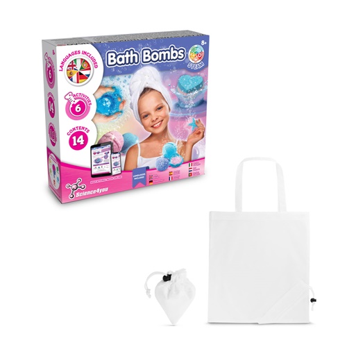 white Bath Bombs Kit V. Juguete educativo suministrado con una bolsa de regalo plegable de 190T