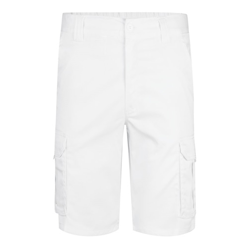 white VL HEBE. Bermudas elásticas multibolsillos (240g/m²), en algodón (46%), EME (38%) y poliéster (16%)