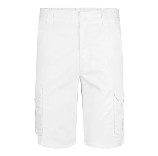 white VL HEBE. Bermudas elásticas multibolsillos (240g/m²), en algodón (46%), EME (38%) y poliéster (16%)