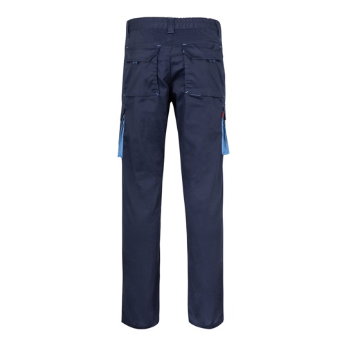 azul marino VL FIDES. Pantalón elástico bicolor multibolsillos (240g/m²), en algodón (46%), EME (38%) y poliéster (16%)