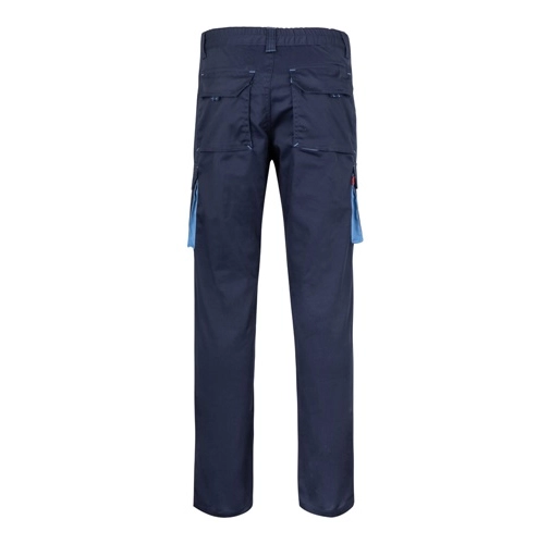 azul marino VL FIDES. Pantalón elástico bicolor multibolsillos (240g/m²), en algodón (46%), EME (38%) y poliéster (16%)
