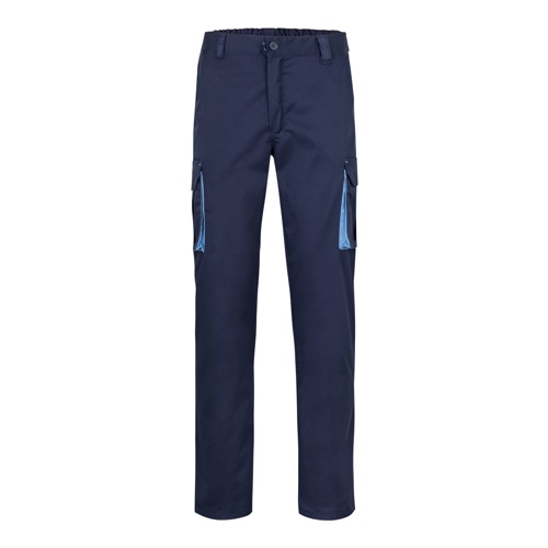 azul marino VL FIDES. Pantalón elástico bicolor multibolsillos (240g/m²), en algodón (46%), EME (38%) y poliéster (16%)