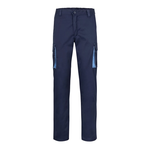azul marino VL FIDES. Pantalón elástico bicolor multibolsillos (240g/m²), en algodón (46%), EME (38%) y poliéster (16%)