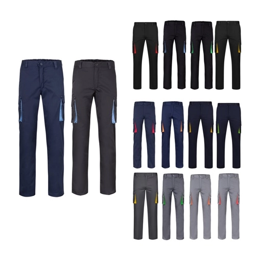 VL FIDES. Pantalón elástico bicolor multibolsillos (240g/m²), en algodón (46%), EME (38%) y poliéster (16%)