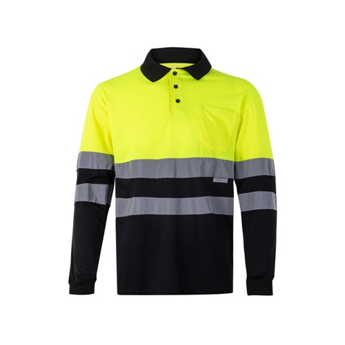 black VL VULCAN. Polo bicolor ojo de pájaro (160g/m²) con manga larga, en poliéster (100%)