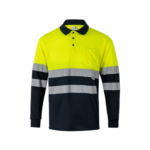 azul marino VL VULCAN. Polo bicolor ojo de pájaro (160g/m²) con manga larga, en poliéster (100%)