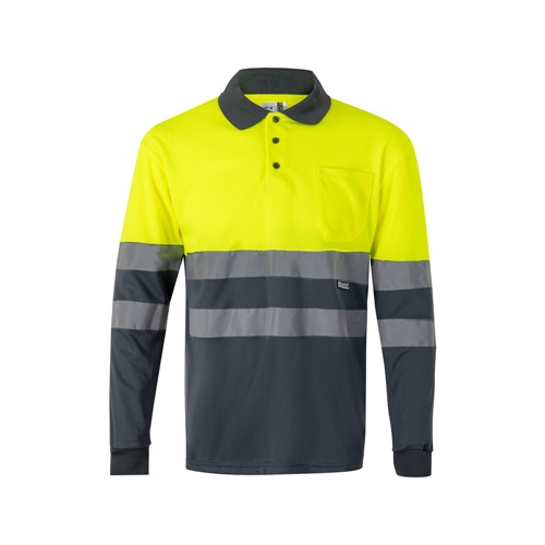gray VL VULCAN. Polo bicolor ojo de pájaro (160g/m²) con manga larga, en poliéster (100%)