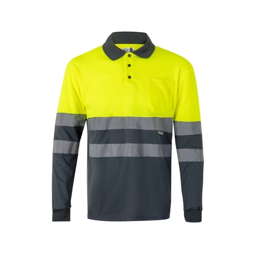VL VULCAN. Polo bicolor ojo de pájaro (160g/m²) con manga larga, en poliéster (100%)
