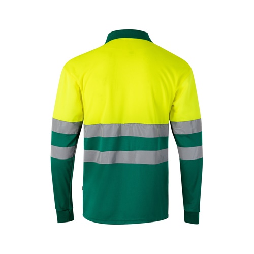 green VL VULCAN. Polo bicolor ojo de pájaro (160g/m²) con manga larga, en poliéster (100%)