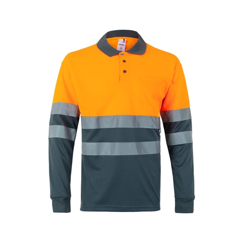 gray VL VULCAN. Polo bicolor ojo de pájaro (160g/m²) con manga larga, en poliéster (100%)