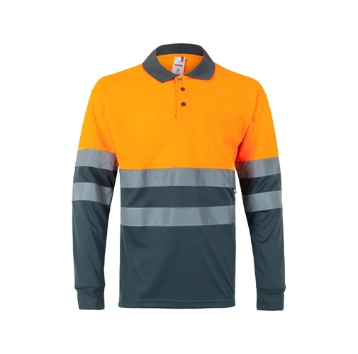 VL VULCAN. Polo bicolor ojo de pájaro (160g/m²) con manga larga, en poliéster (100%)