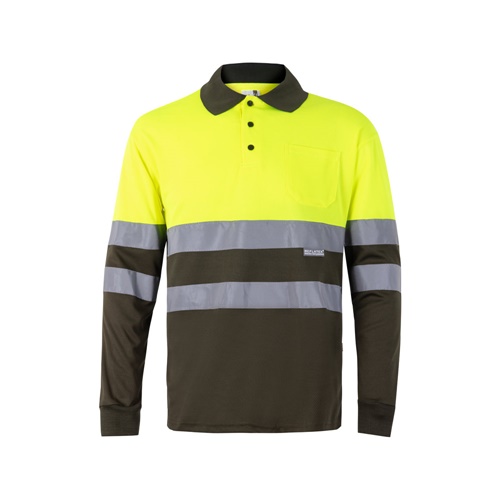 verde militar VL VULCAN. Polo bicolor ojo de pájaro (160g/m²) con manga larga, en poliéster (100%)