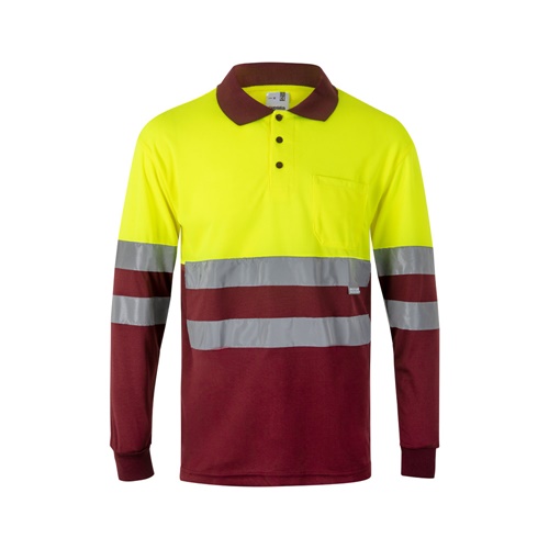burdeos VL VULCAN. Polo bicolor ojo de pájaro (160g/m²) con manga larga, en poliéster (100%)
