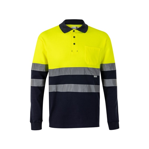 azul marino VL PLUTO. Polo de piqué bicolor (150g/m²) con manga larga, en algodón (55%) y poliéster (45%)