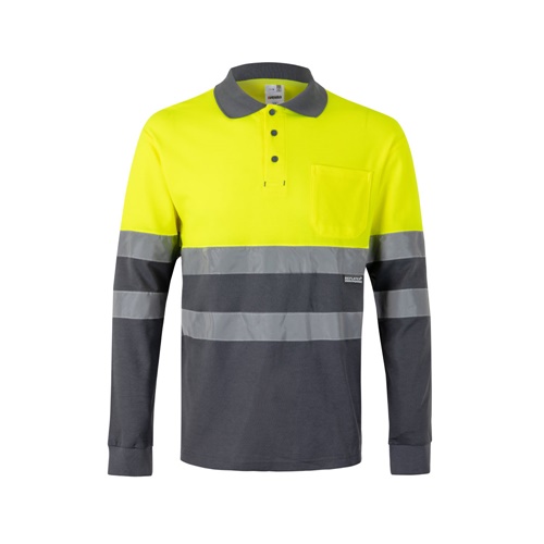 gray VL PLUTO. Polo de piqué bicolor (150g/m²) con manga larga, en algodón (55%) y poliéster (45%)