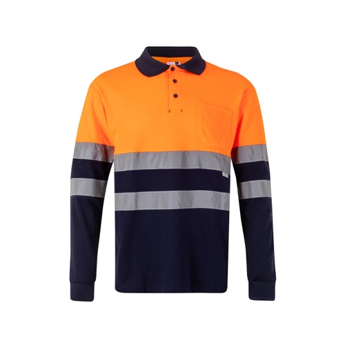 azul marino VL PLUTO. Polo de piqué bicolor (150g/m²) con manga larga, en algodón (55%) y poliéster (45%)