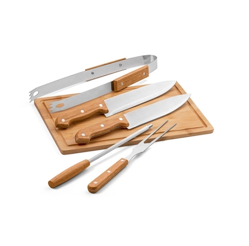 black FLARE. Conjunto de 5 utensilios para barbacoa y tabla de bambú. Hecho en madera y acero inoxidable